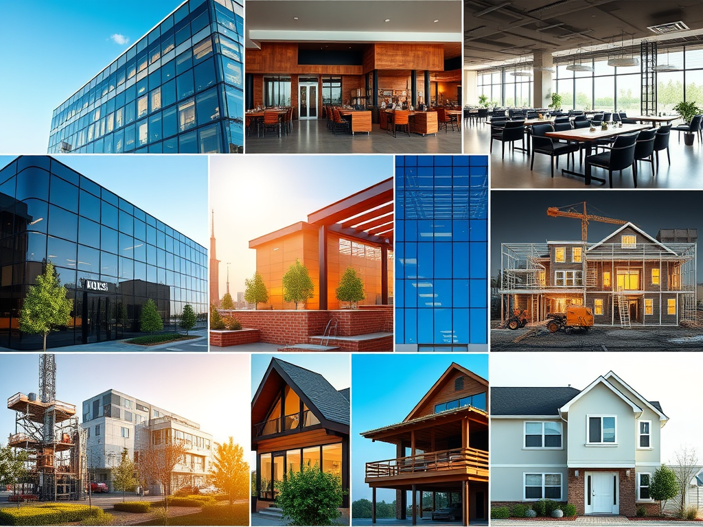 Collage of industries served by AegisTech Cleaning including office buildings, restaurants, construction sites, and residential homes.